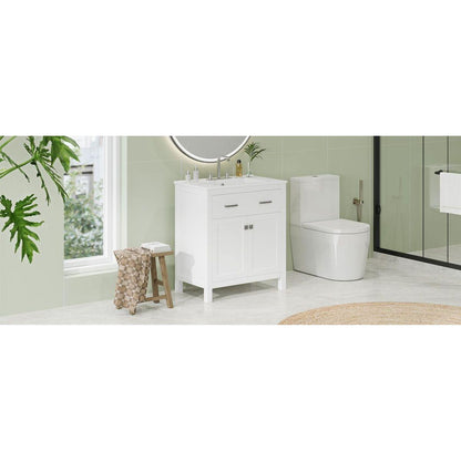 30-inch Bathroom Vanity with Ceramic Sink, Modern White Single Bathroom Cabinet with 2 Doors and a Shelf, Soft Close Doors