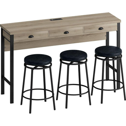 3-Drawer Long Dining Table Set with Power Outlets, Bar Kitchen Table Set with Circular PU Stools, Easy Assemble, Brown Gray Table+Black Stool
