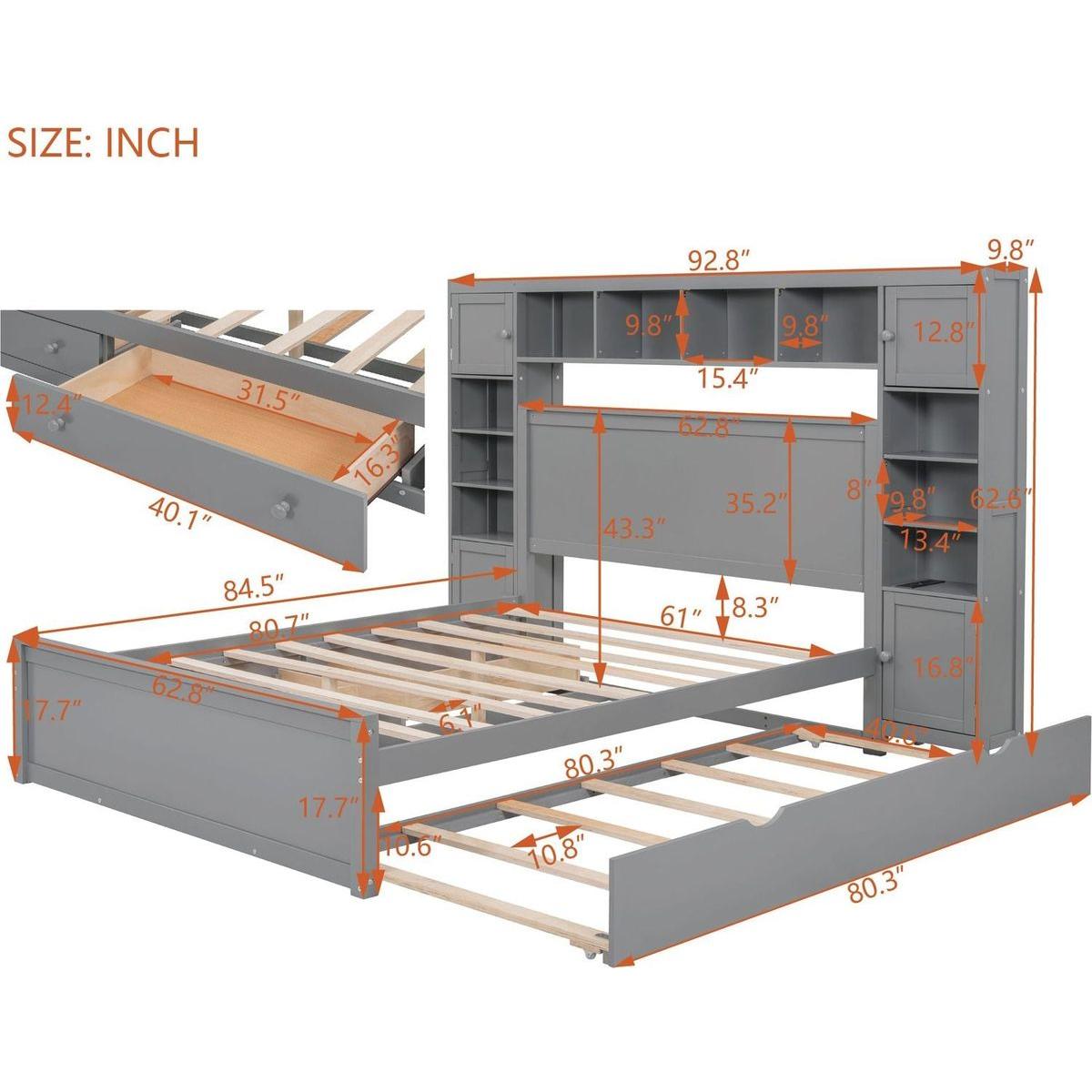 Queen Size Wooden Bed With All-in-One Cabinet, Shelf and Sockets, Gray
