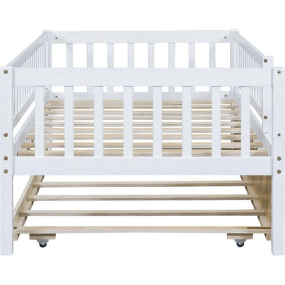 Twin Size Wood Daybed with Trundle and Fence Guardrails, White