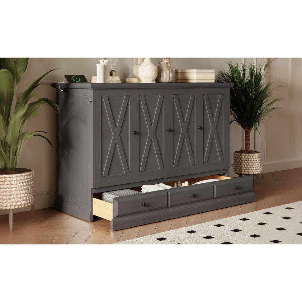 Solid Pine Murphy Bed Chest Cube Cabinet Bed with Charging Station and Large Storage Drawer for Home Office or Small Room,Full,Gray