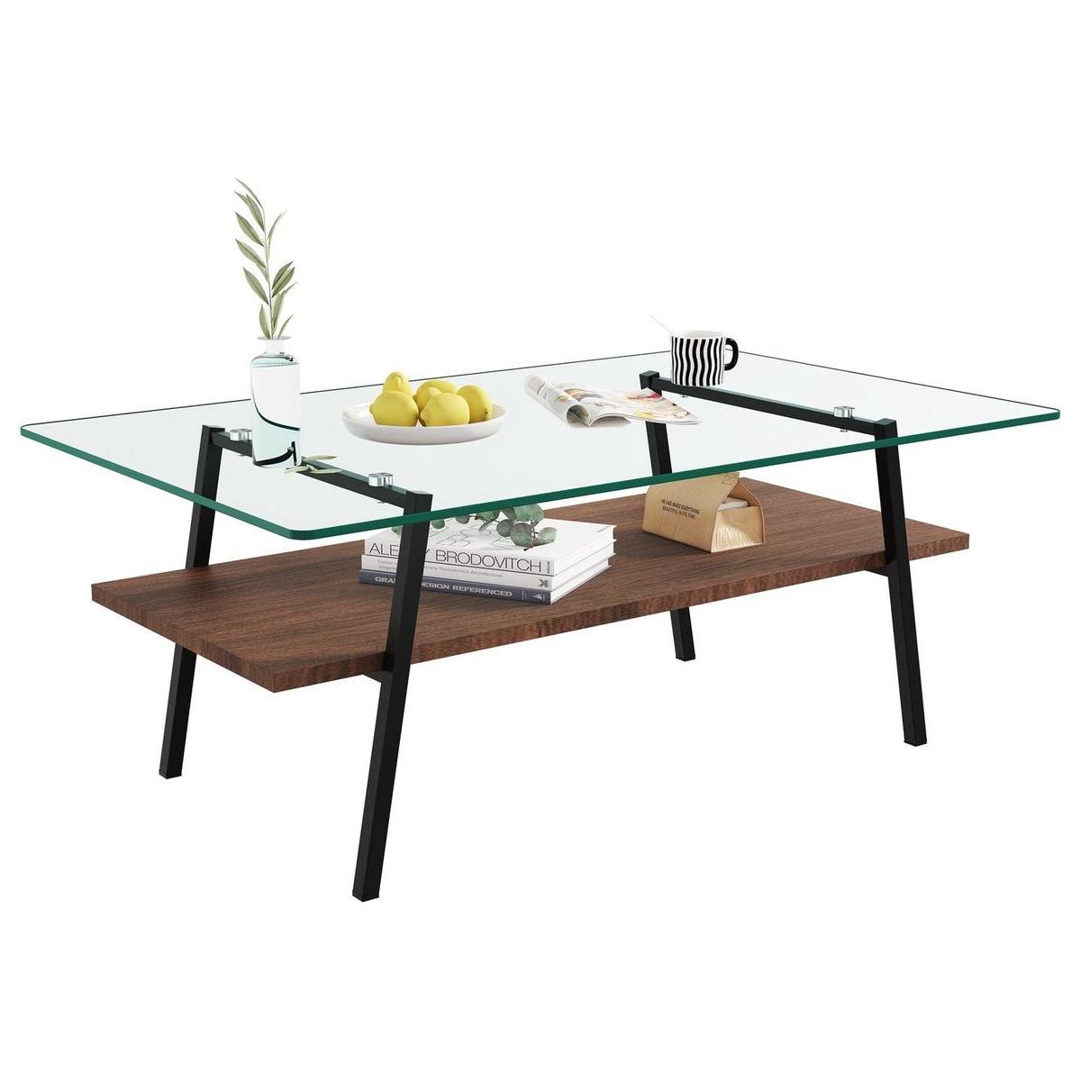 Rectangle Coffee Table, Tempered Glass Tabletop with Black Metal Legs, Modern Table for Living Room, Transparent Glass