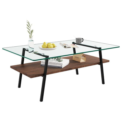 Rectangle Coffee Table, Tempered Glass Tabletop with Black Metal Legs, Modern Table for Living Room, Transparent Glass