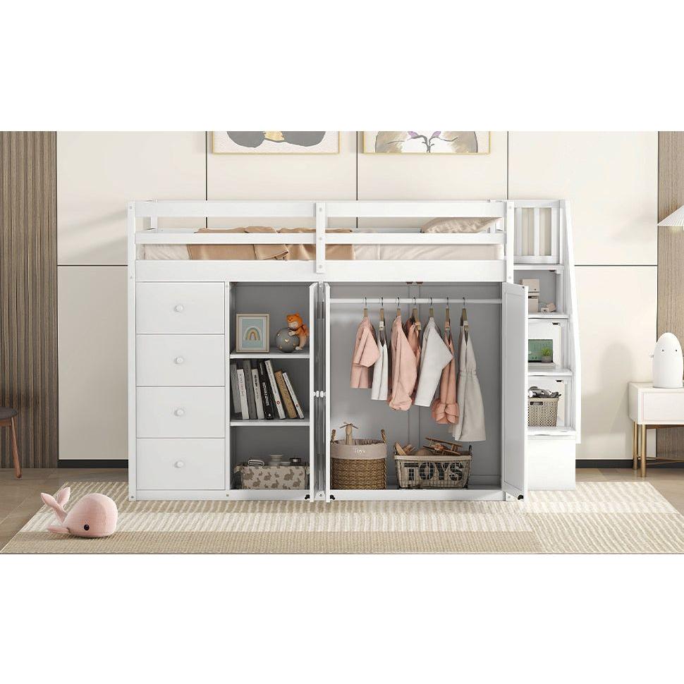 Full Size Wood Loft Bed With Built-in Wardrobes, Cabinets and Drawers, White