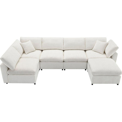 130x65" Modern Modular Cloud Sofa Bed, 6 Seat Chenille Sectional Couch Set with Ottoman,Free Combination,Convertible U Shaped Sleeper Sofa for Living Room, Apartment, 3 Colors
