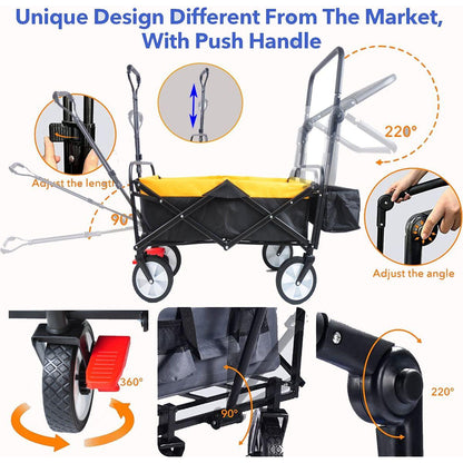 folding wagon Collapsible Outdoor Utility Wagon, Heavy Duty Folding Garden Portable Hand Cart, Drink Holder, Adjustable Handles