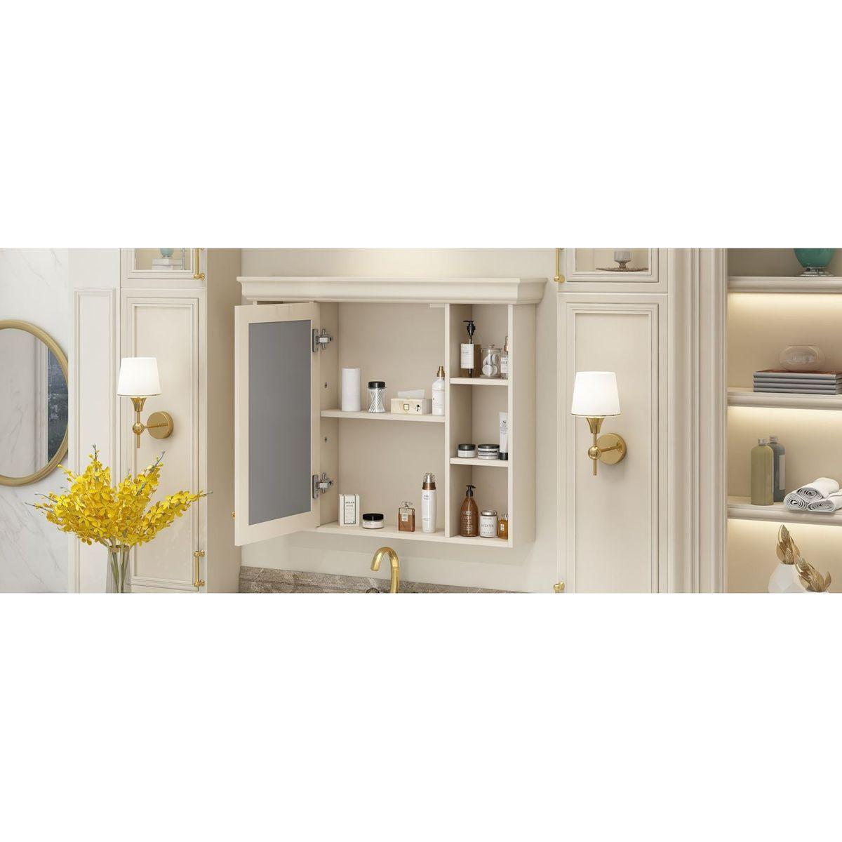 35" x 28" Blue Wall Mounted Bathroom Storage Cabinet with Mirror Door, Modern Bathroom Wall Cabinet with Mirror, Medicine Cabinet with 6 Open Shelves