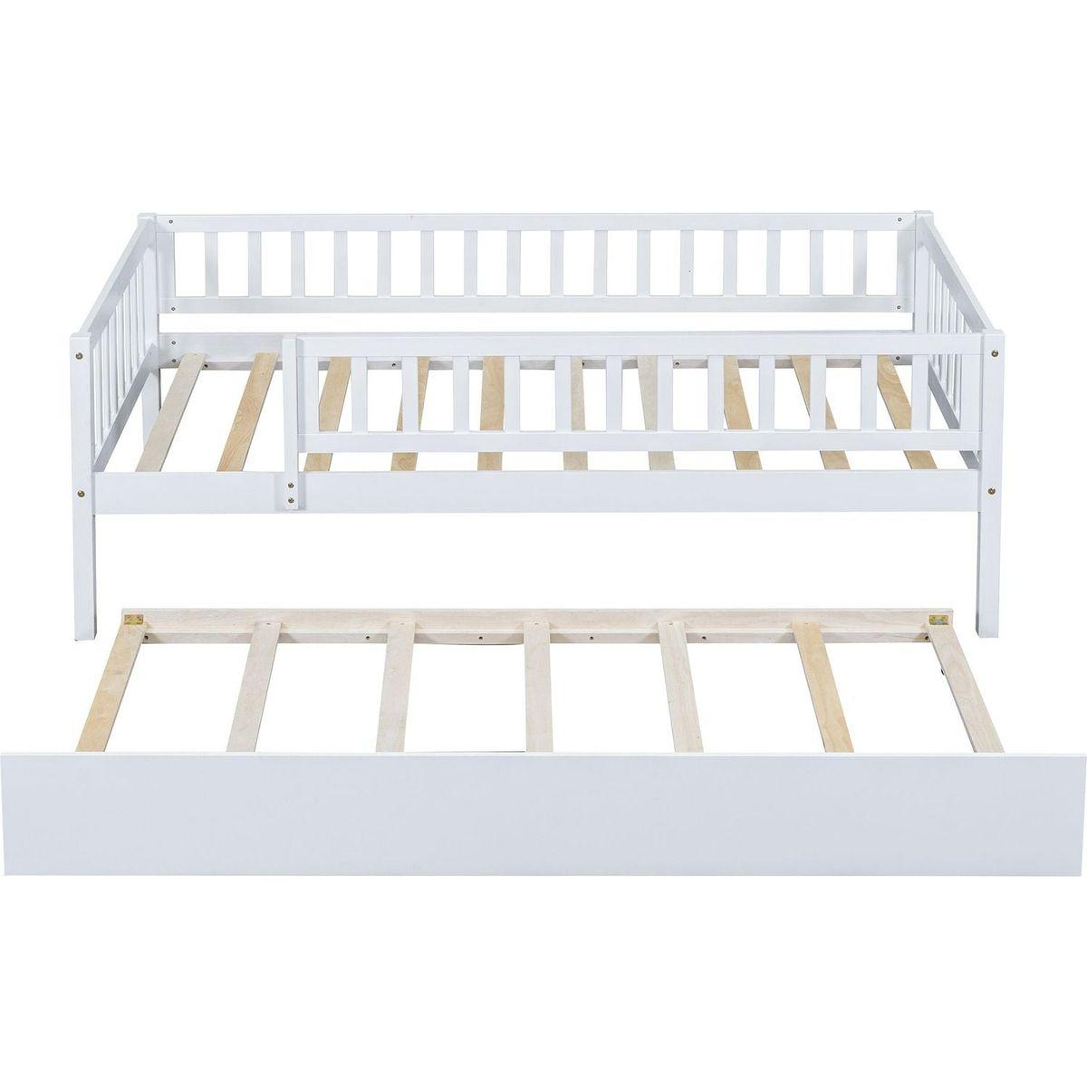 Twin Size Wood Daybed with Trundle and Fence Guardrails, White