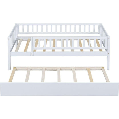 Twin Size Wood Daybed with Trundle and Fence Guardrails, White