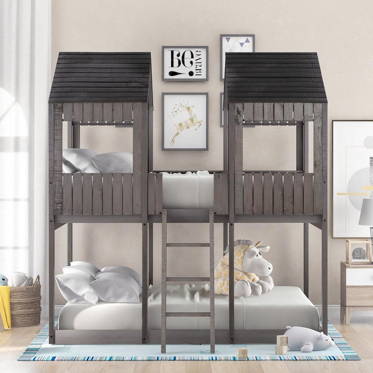 Full Over Full WoodBunk Bed with Roof, Window, Guardrail, Ladder(Antique Gray)