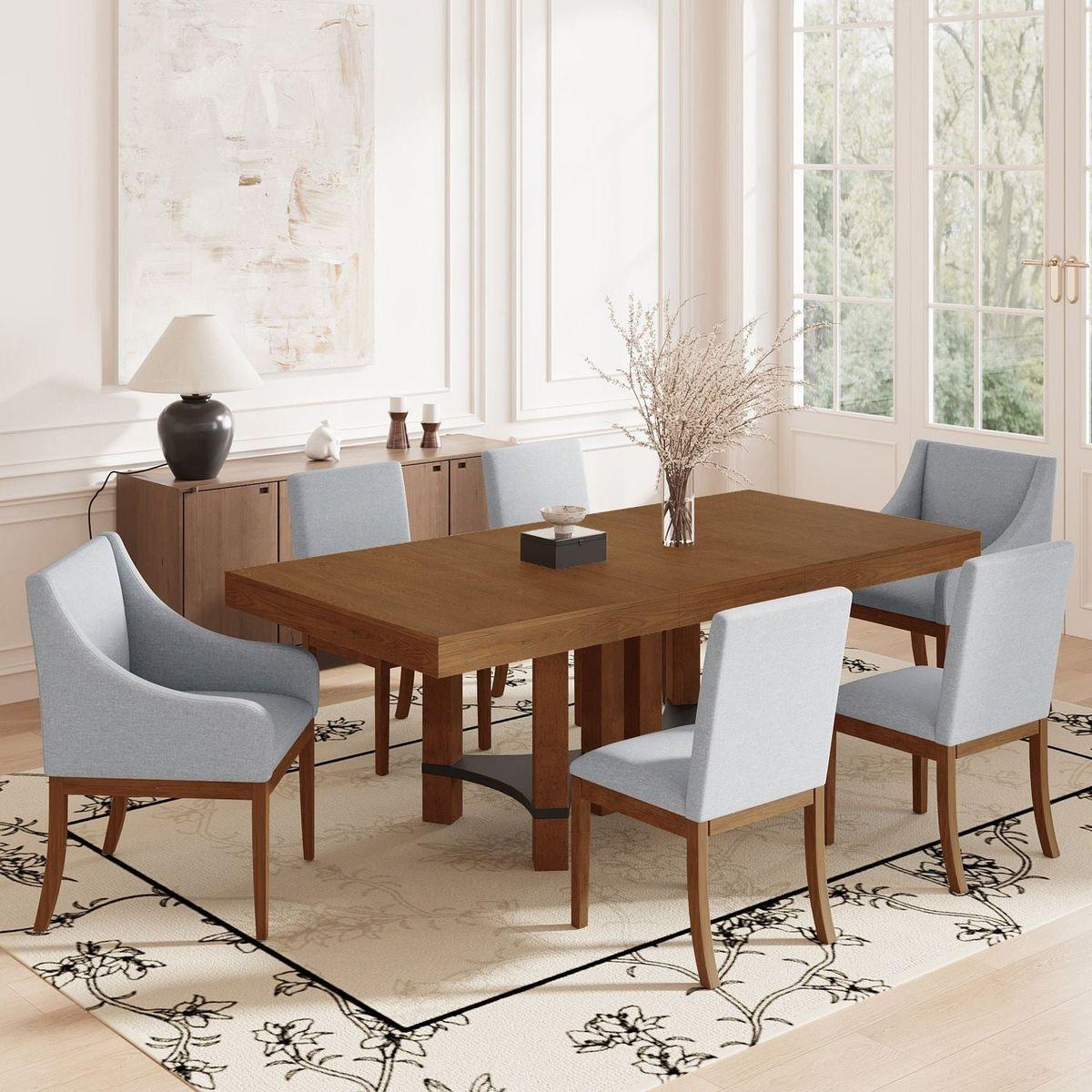 Rustic 7-Piece 76.4inch Extendable Dining Table Set with 18inch Removable Leaf, 2 Arm Chairs and 4 Armless Chairs, Brown