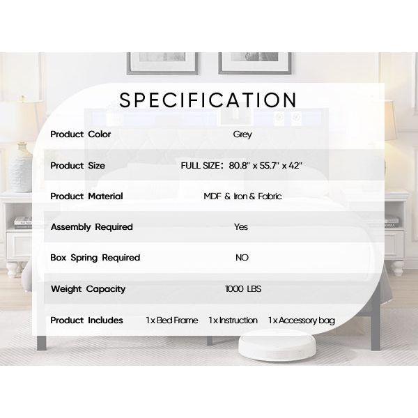 Full Bed Frame with Storage Headboard, Charging Station and LED Lights, Upholstered Platform Bed with Heavy Metal Slats, No Box Spring Needed, Noise Free, Easy Assembly, Dark Gray