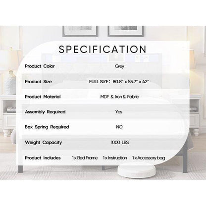 Full Bed Frame with Storage Headboard, Charging Station and LED Lights, Upholstered Platform Bed with Heavy Metal Slats, No Box Spring Needed, Noise Free, Easy Assembly, Dark Gray