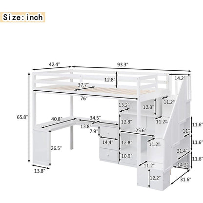 Twin Size Loft Bed with L-Shaped Desk and Drawers, Cabinet and Storage Staircase, White