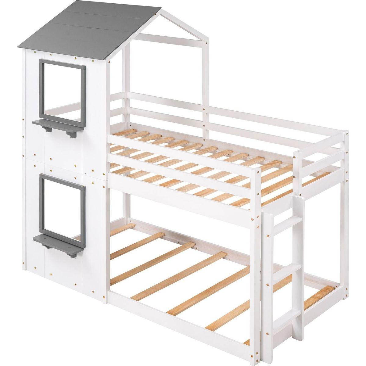 Twin Over Twin Bunk Bed Wood Bed with Roof, Window, Guardrail, Ladder (White)
