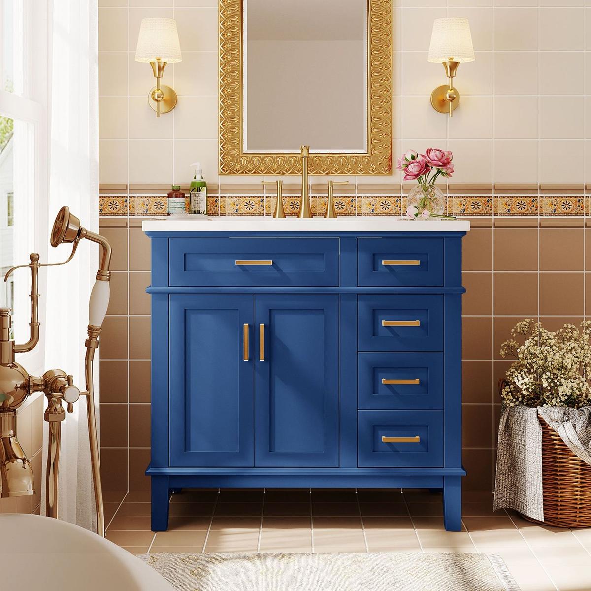 36-inch Bathroom Vanity with Resin Sink, Modern Bathroom Cabinet in Blue, Featuring Two Soft Close Doors and Four Drawers