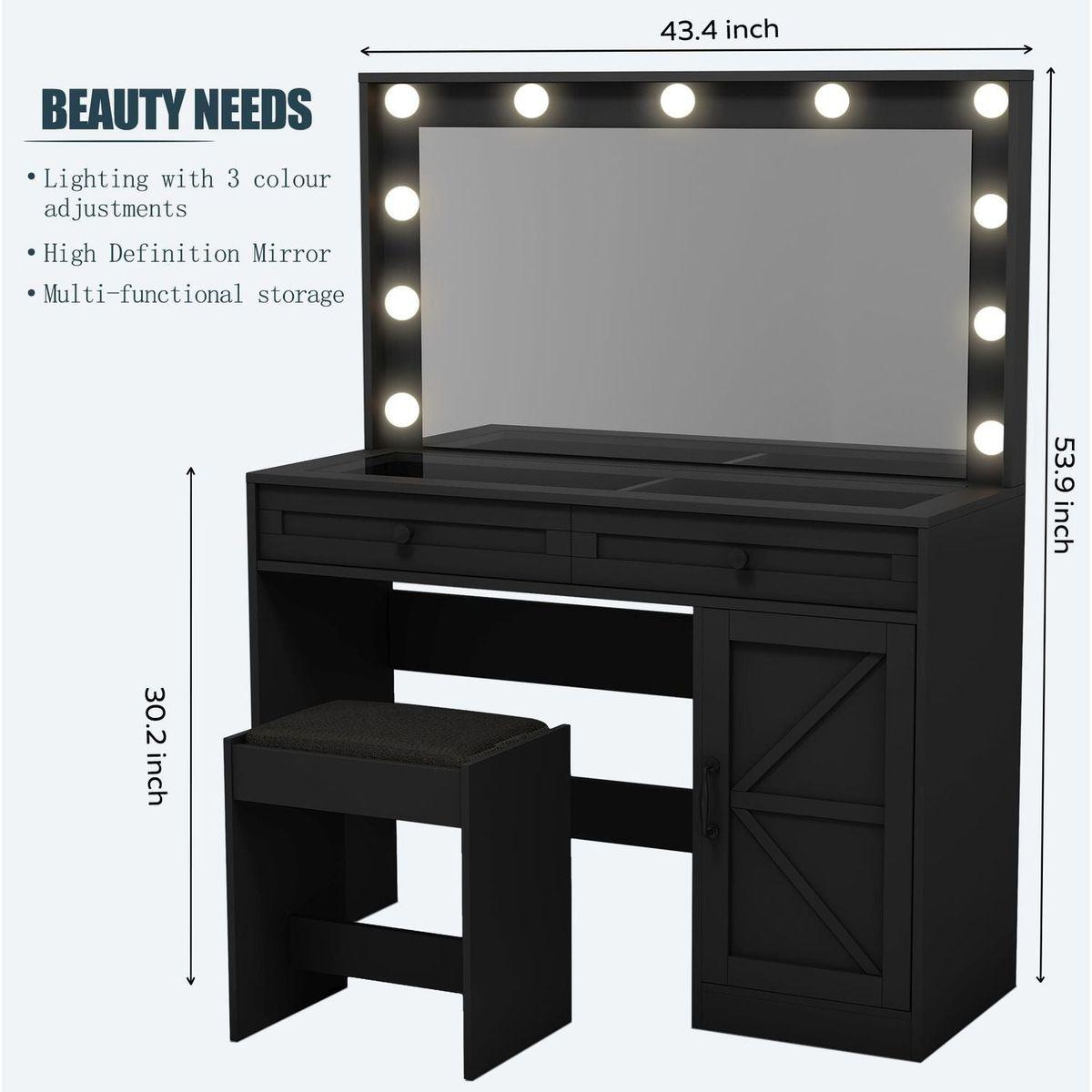 43.4"Makeup Vanity Table, Makeup Table with Large Mirror and 11 LED Light, Brightness Adjustable, Dressing Table Desk with 3 Drawers, Vanity Desk for Women(Black with Stool)