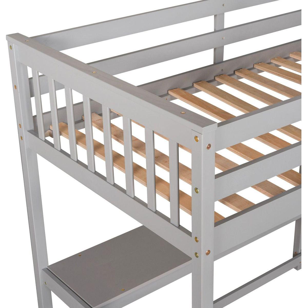 Twin Size Loft Bed with Storage Shelves and Under-bed Desk, Gray