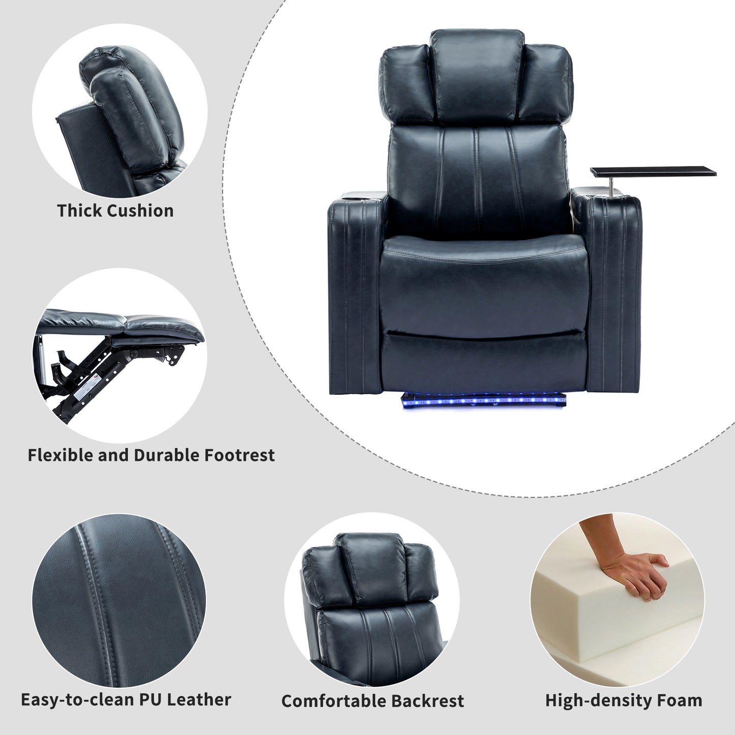 PU Leather Power Recliner Individual Seat Home Theater Recliner with Cooling Cup Holder, Bluetooth Speaker, LED Lights, USB Ports, Tray Table, Arm Storage for Living Room, Blue