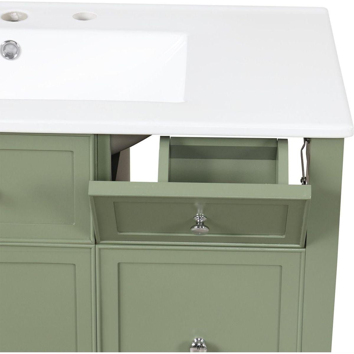 36" Bathroom Vanity with Sink, One Cabinet with Three drawers and One Flip Drawer, Solid Wood and MDF Board, Green