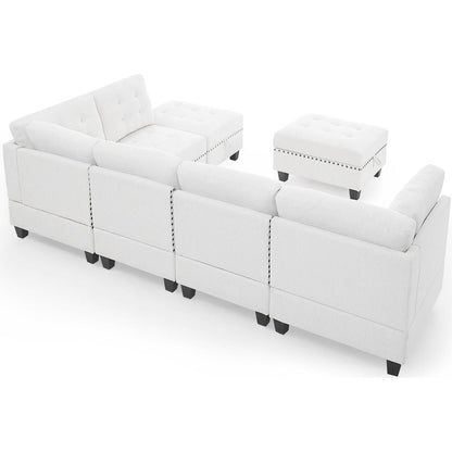 L shape Modular Sectional Sofa,DIY Combination,includes Three Single Chair, Two Corner and Two Ottoman,Ivory Chenille