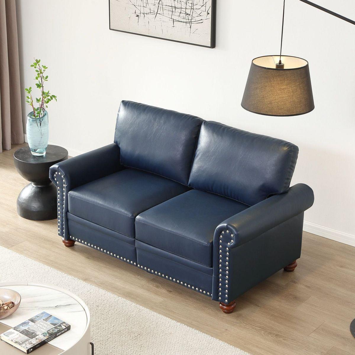 Living Room Sofa Loveseat Chair Navy Blue Faux Leather