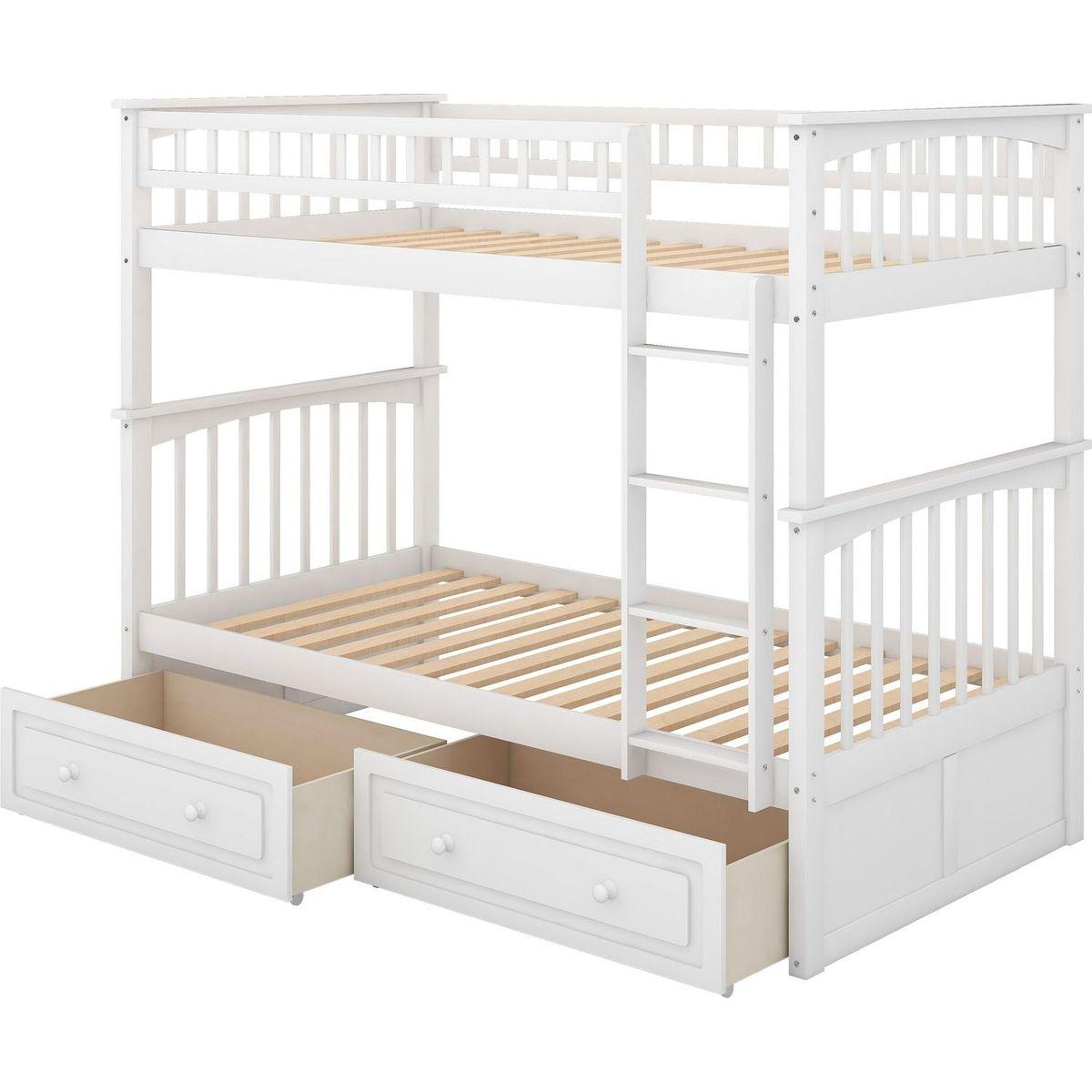 Twin over Twin Bunk Bed with Drawers, Convertible Beds, White