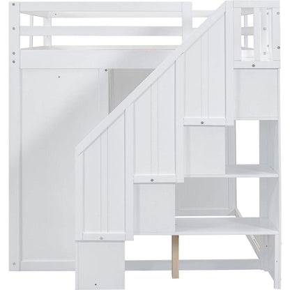 Full Size Wood Loft Bed With Built-in Wardrobes, Cabinets and Drawers, White