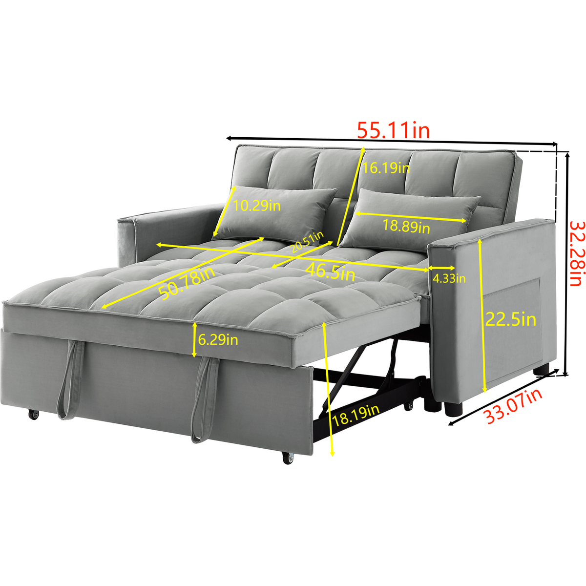 Modern Velvet Loveseat Futon Sofa Couch w/Pullout Bed,Small Love Seat Lounge Sofa w/Reclining Backrest,Toss Pillows, Pockets,Furniture for Living Room,3 in 1 Convertible Sleeper Sofa Bed, Gray