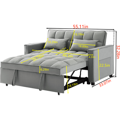 Modern Velvet Loveseat Futon Sofa Couch w/Pullout Bed,Small Love Seat Lounge Sofa w/Reclining Backrest,Toss Pillows, Pockets,Furniture for Living Room,3 in 1 Convertible Sleeper Sofa Bed, Gray