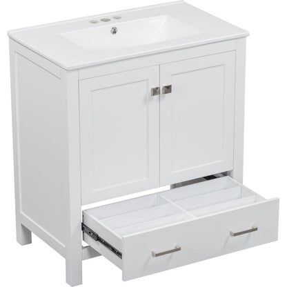 30" White Bathroom Vanity with Single Sink, Combo Cabinet Undermount Sink, Bathroom Storage Cabinet with 2 Doors and a Drawer, Soft Closing, Multifunctional Storage, Solid Wood Frame