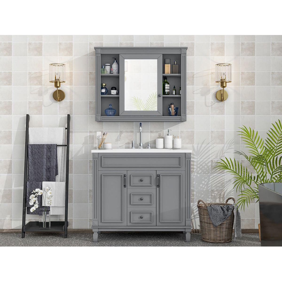 36" Bathroom Vanity with Top Sink, Grey Mirror Cabinet, Modern Bathroom Storage Cabinet with 2 Soft Closing Doors and 2 Drawers, Single Sink Bathroom Vanity