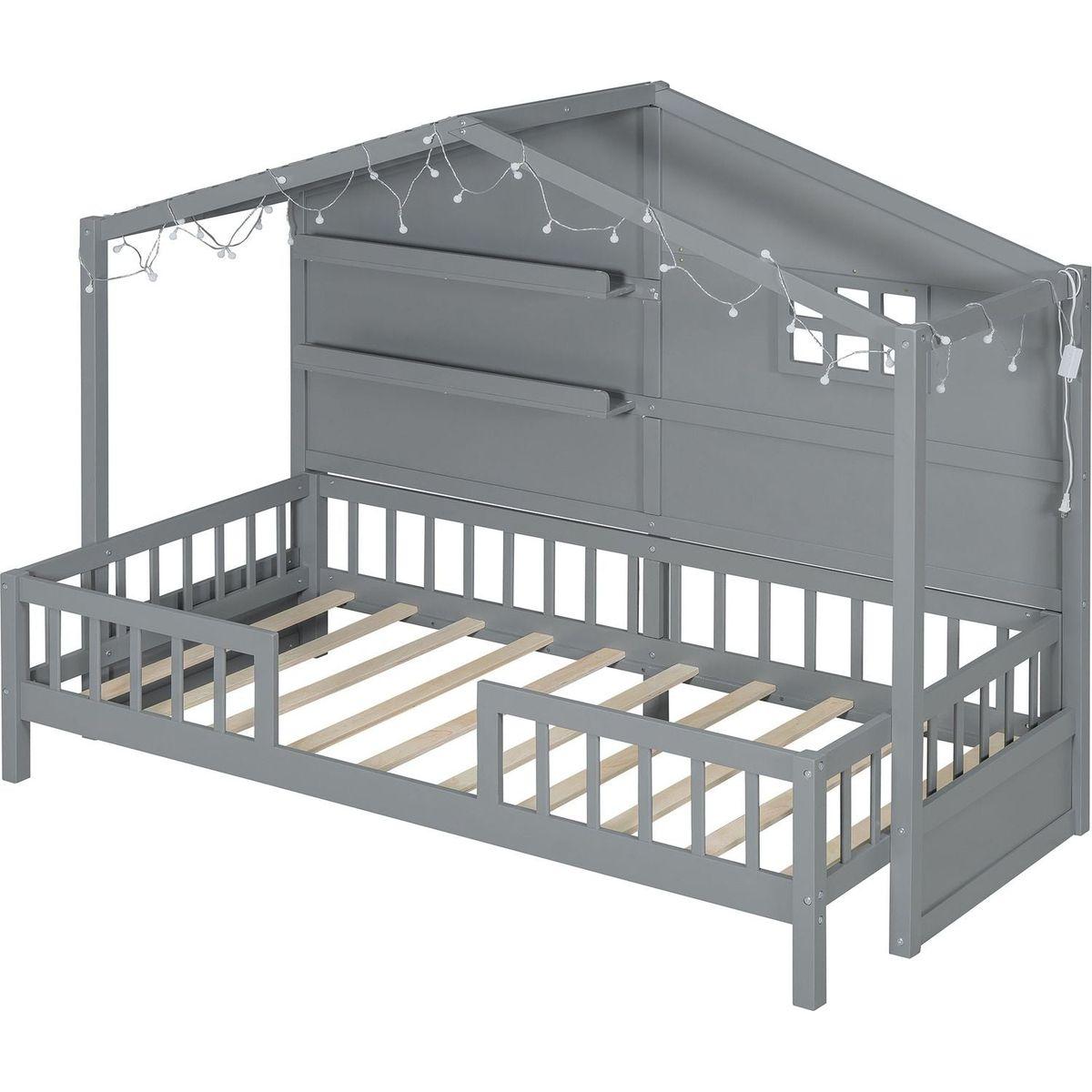 Twin Size House Bed with Shelves, House Bed with Window and Sparkling Light Strip on the Roof, Gray