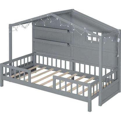 Twin Size House Bed with Shelves, House Bed with Window and Sparkling Light Strip on the Roof, Gray
