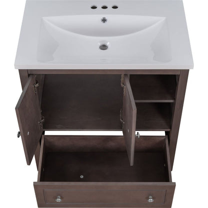 30" Bathroom Vanity with Sink, Bathroom Storage Cabinet with Doors and Drawers, Solid Wood Frame, Ceramic Sink, Brown