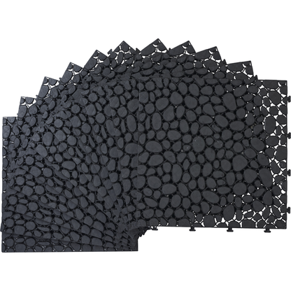 12 x 12 Inch Black Interlocking Deck Tiles Plastic Waterproof Outdoor All Weather Anti-slip Bathroom Shower Balcony Porch Strong Weight Capacity Upto 440 LBS, Pebble Stone Pattern Pack of 12