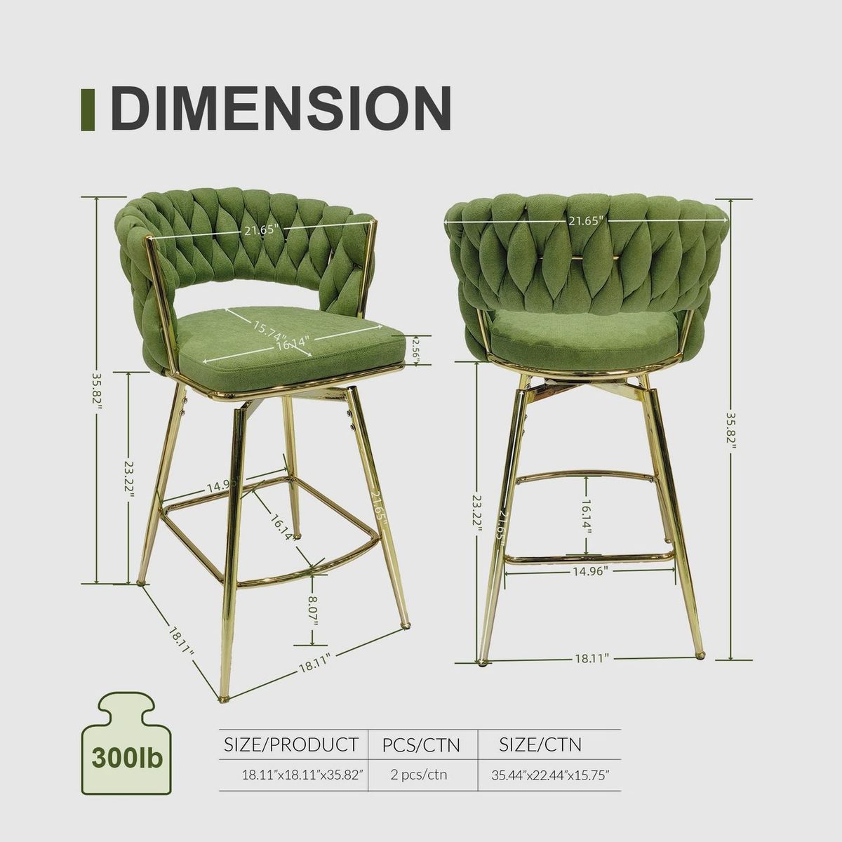 Bar Chair Linen Woven Bar Stool Set of 4,Golden legs Barstools No Adjustable Kitchen Island Chairs,360 Swivel Bar Stools Upholstered Bar Chair Counter Stool Arm Chairs with Back Footrest, (Green)