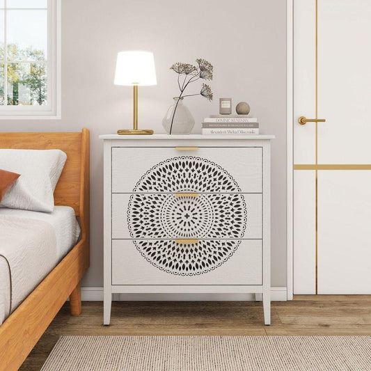 3 Drawer Cabinet with Hollow-Carved 3 Drawer Dresser Storage Chest with Metal Handles For Entryway Living Room Bedroom