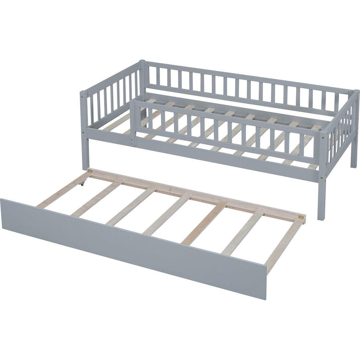 Twin Size Wood Daybed with Trundle and Fence Guardrails, Gray