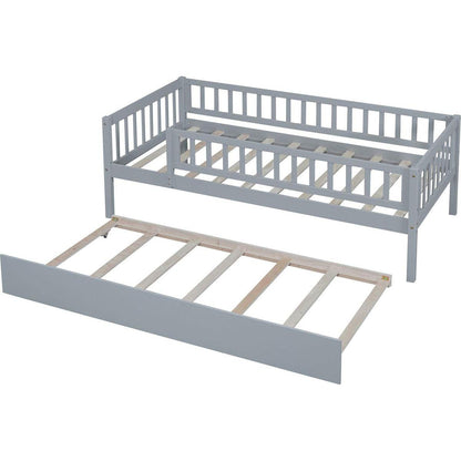 Twin Size Wood Daybed with Trundle and Fence Guardrails, Gray