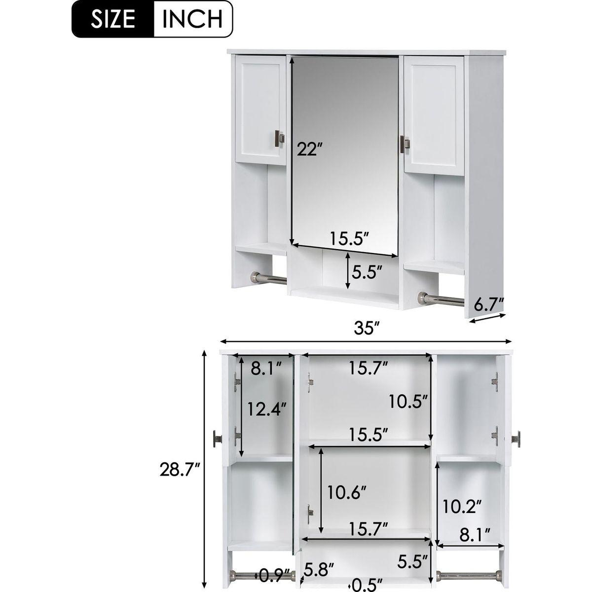 35" x 28" Modern Wall Mounted Bathroom Storage Cabinet, Bathroom Wall Cabinet with Mirror, Medicine Cabinet with Towels Bar