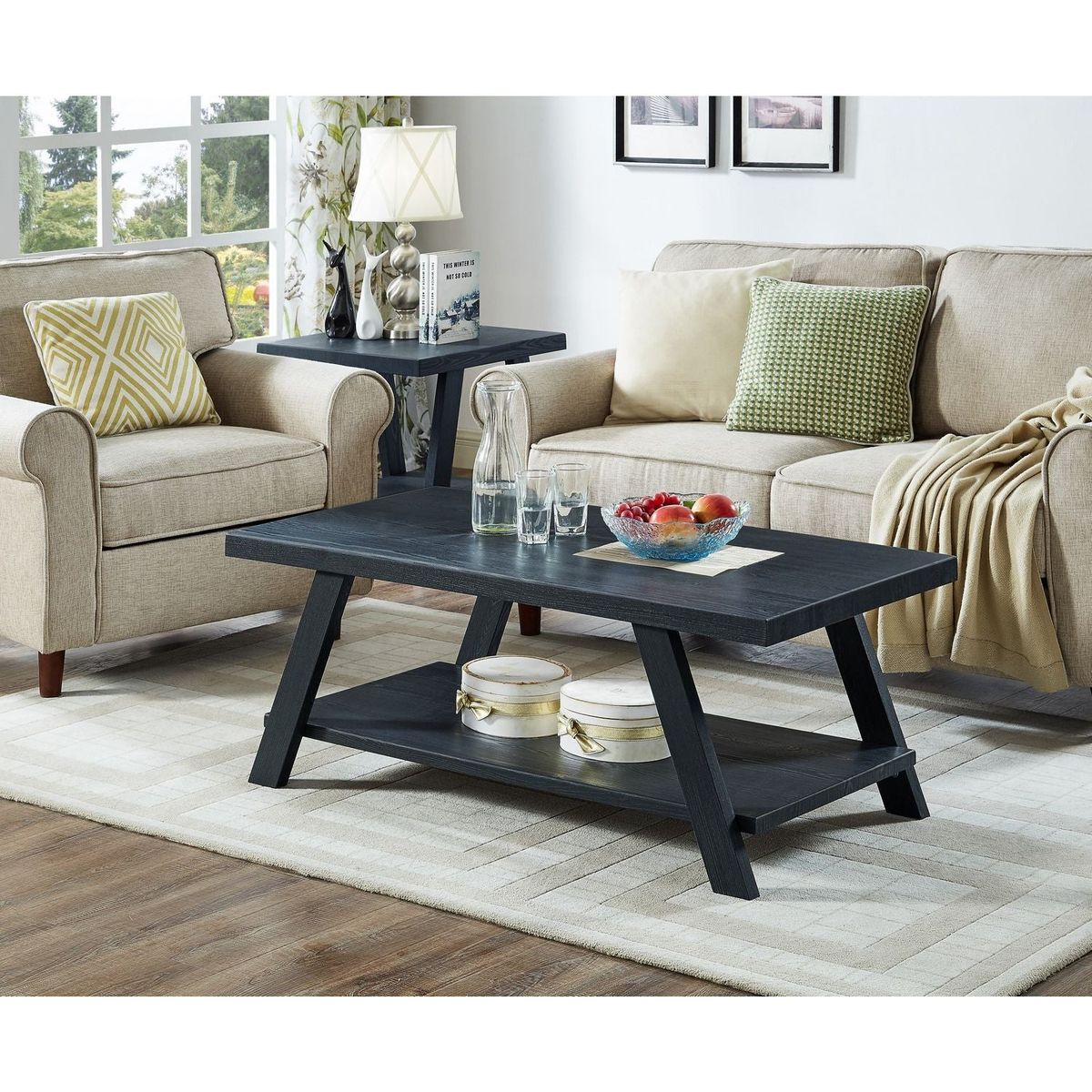Athens Contemporary Replicated Wood Shelf Coffee Table in Black Finish