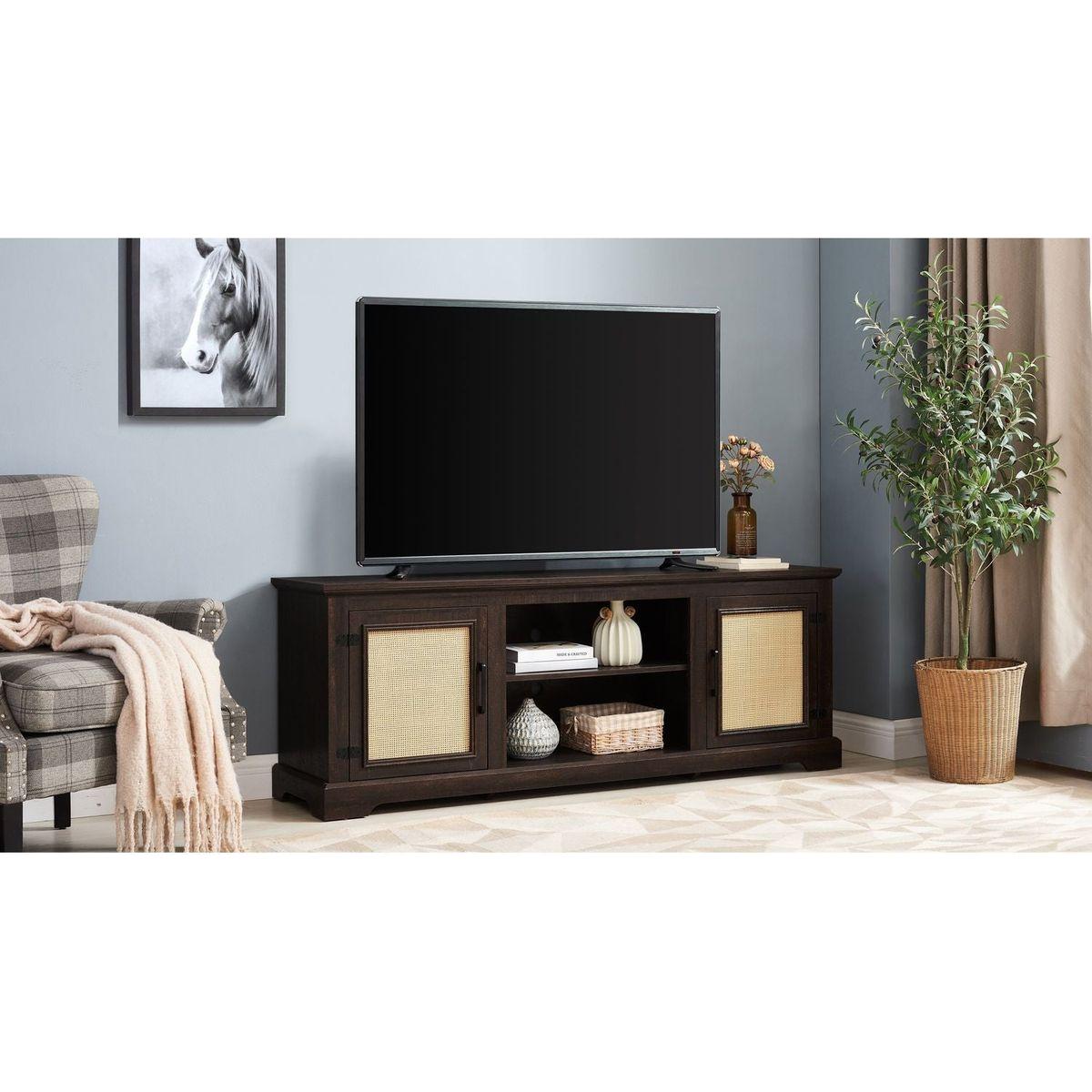 Farmhouse Rattan TV Stand Console Table for TVs up to 70 Inches, TV Console Table with 2 Storage Shelves, 2 Natural Rattan Door Cabinets, 65"Wx15.55"Dx23.86"H, Espresso