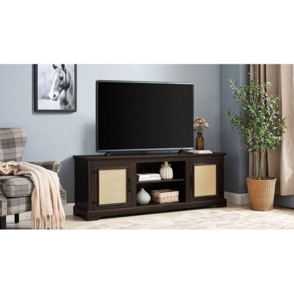Farmhouse Rattan TV Stand Console Table for TVs up to 70 Inches, TV Console Table with 2 Storage Shelves, 2 Natural Rattan Door Cabinets, 65"Wx15.55"Dx23.86"H, Espresso
