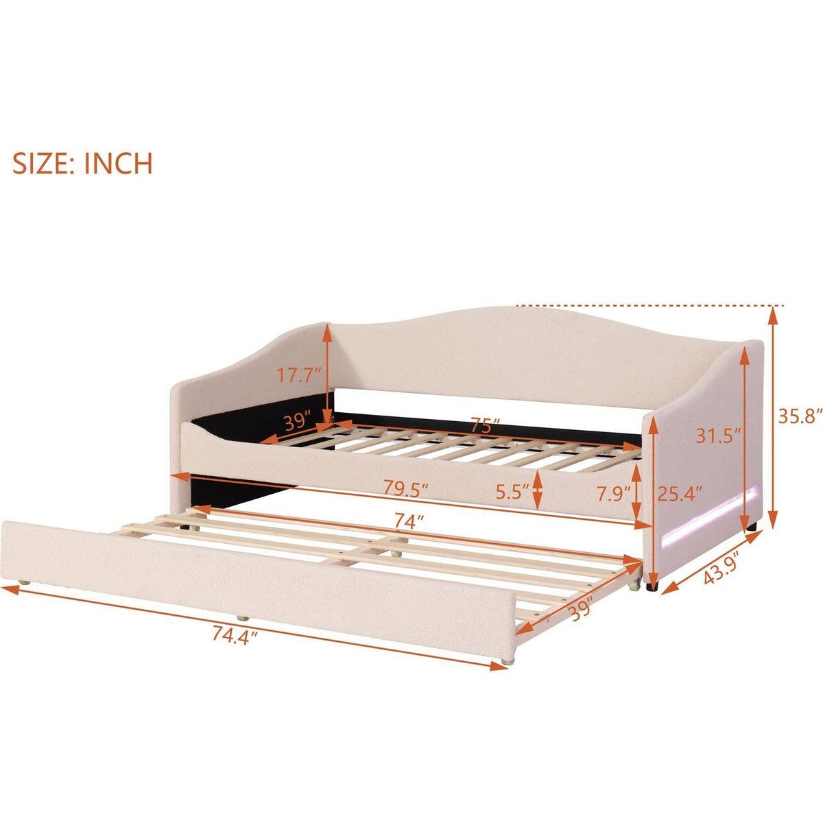 Teddy Fleece Twin Size Upholstered Daybed with Light and Trundle, Beige