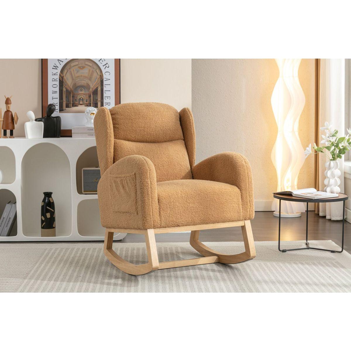 Teddy Fabric Rocking Chair With Packet Wood Legs,Khaki