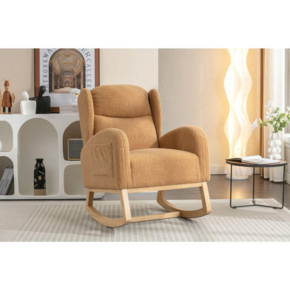 Teddy Fabric Rocking Chair With Packet Wood Legs,Khaki