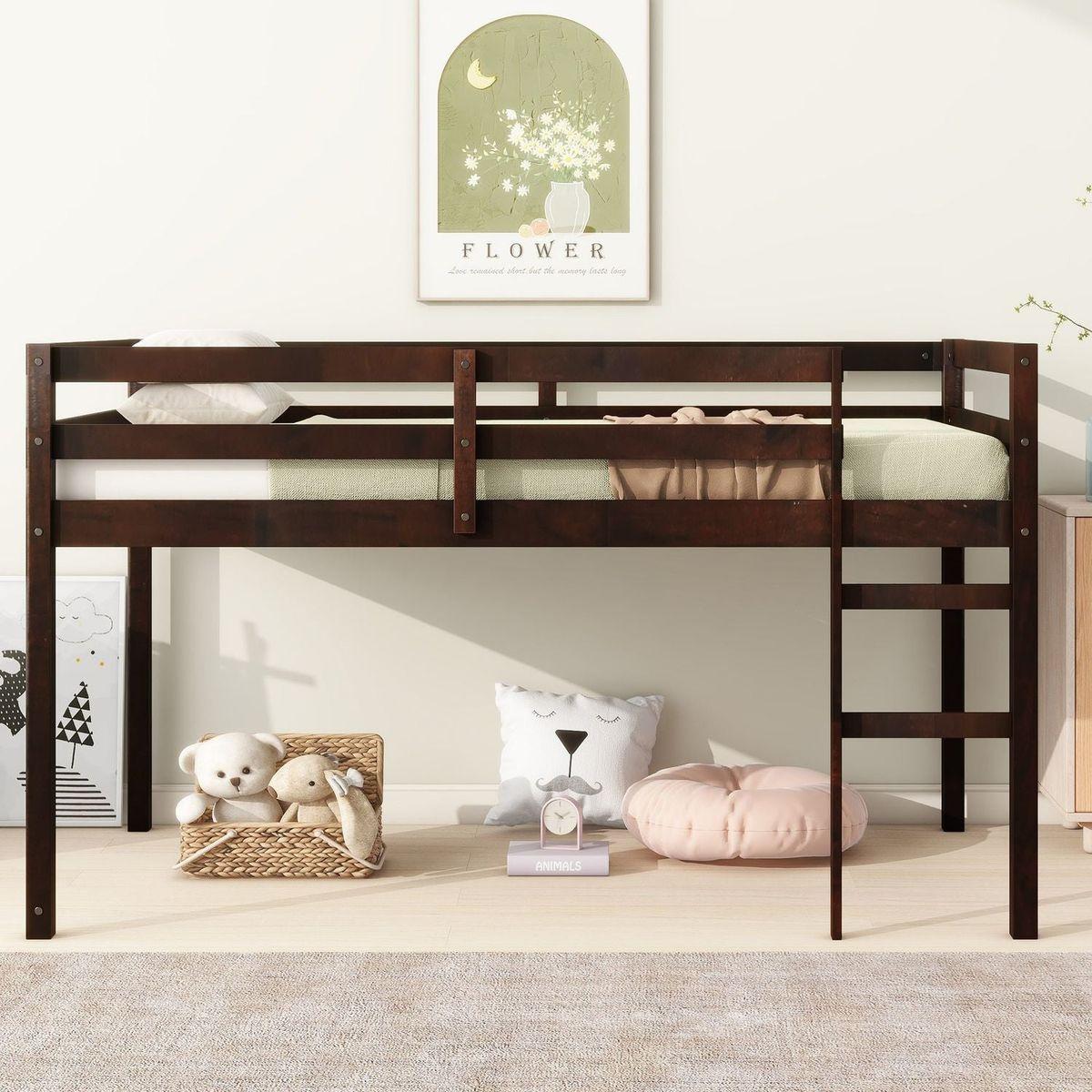 Solid Wooden, Rubber Wooden Twin Loft Bed with Ladder, Bed Platform of Strengthened Slats, Espresso - Streamdale Furniture