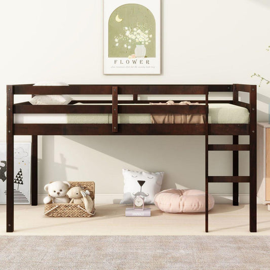 Solid Wooden, Rubber Wooden Twin Loft Bed with Ladder, Bed Platform of Strengthened Slats, Espresso - Streamdale Furniture