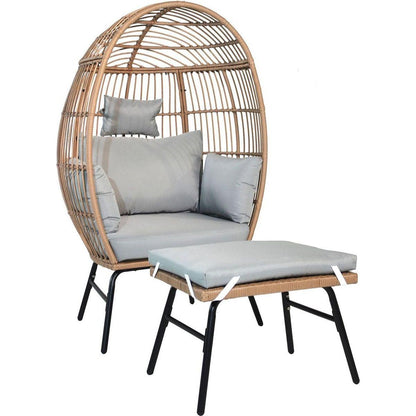 Outdoor Garden Wicker Egg Chair And Footstool Patio Chaise, With Cushions, Outdoor Indoor Basket Chair